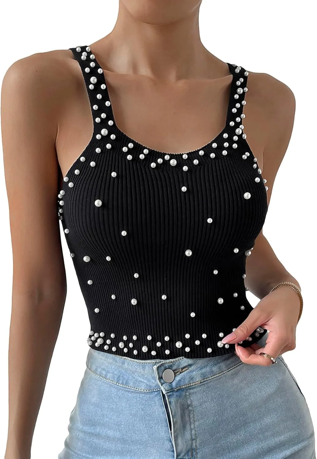 SweatyRocks Women's Sleeveless Pearl Beaded Ribbed Knit Fitted Cropped Vest Tank Tops