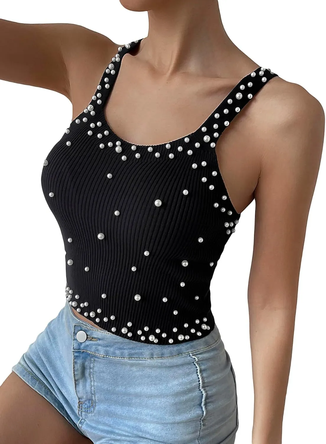 SweatyRocks Women's Sleeveless Pearl Beaded Ribbed Knit Fitted Cropped Vest Tank Tops
