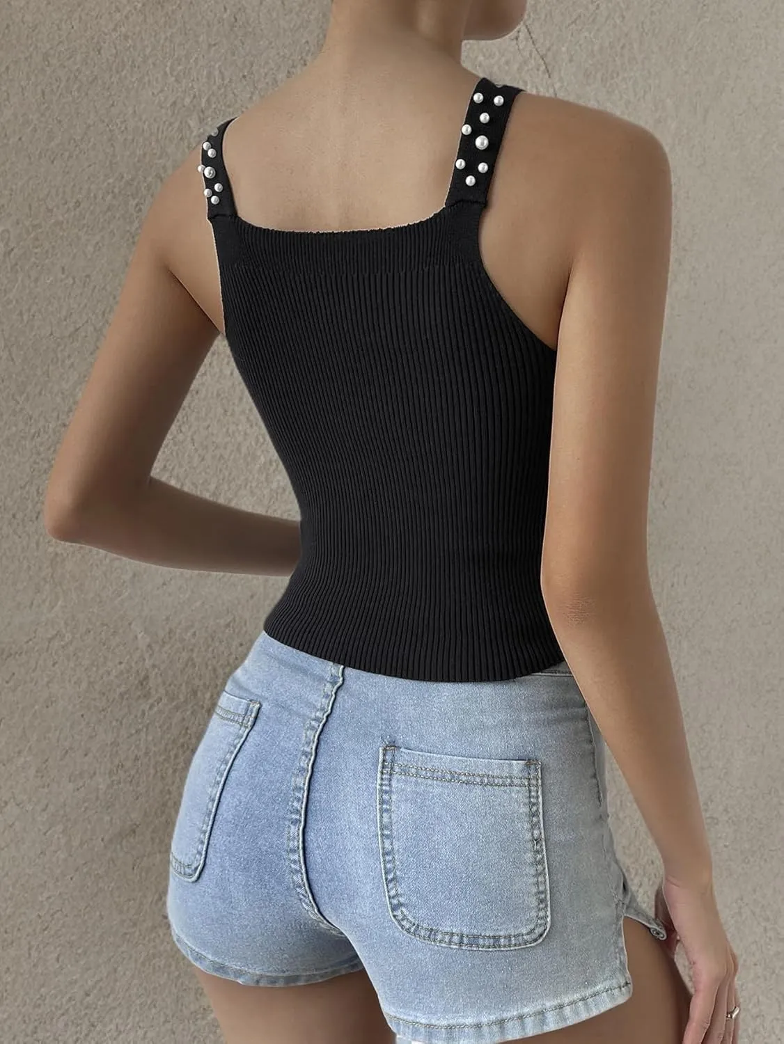 SweatyRocks Women's Sleeveless Pearl Beaded Ribbed Knit Fitted Cropped Vest Tank Tops