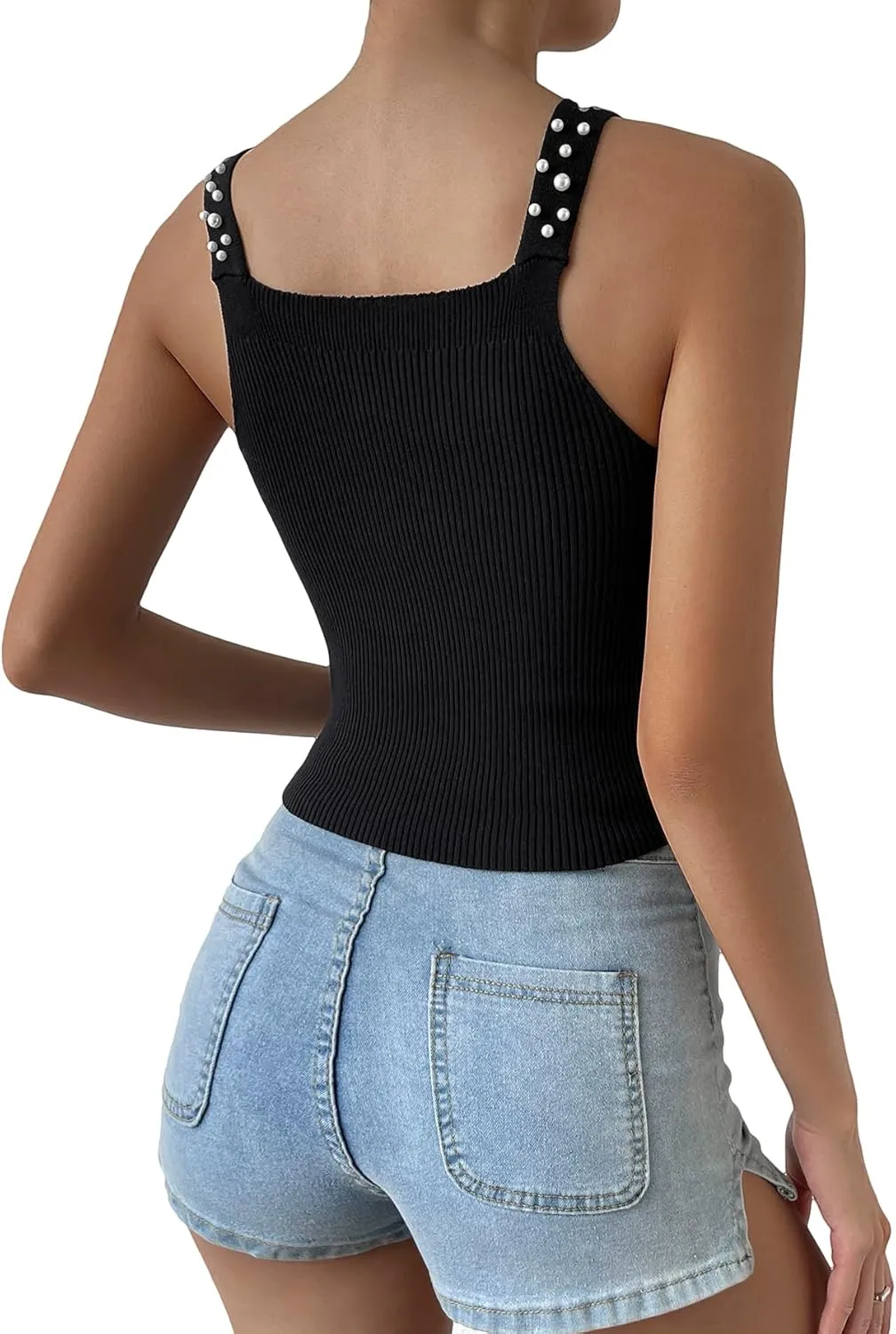 SweatyRocks Women's Sleeveless Pearl Beaded Ribbed Knit Fitted Cropped Vest Tank Tops