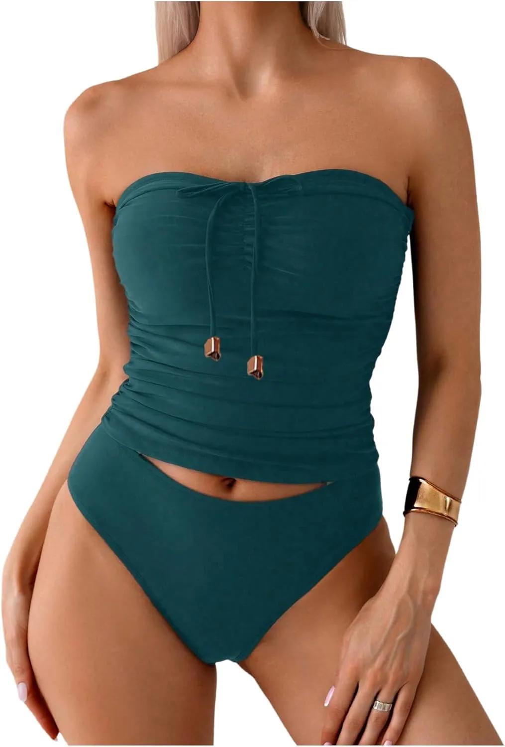 SweatyRocks Women's Swimsuit Ruched Strapless Bandeau Bikini Sets 2 Piece Bathing Suit