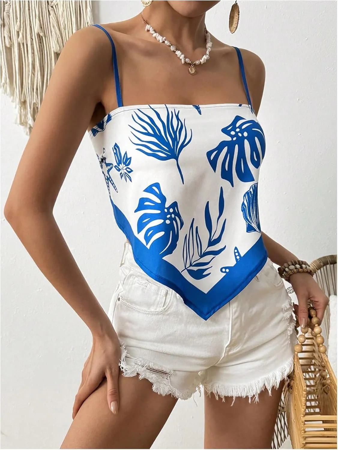 SweatyRocks Women's Tribal Floral Print Backless Camisole Tie Knot Sleeveless Vacation Boho Tops