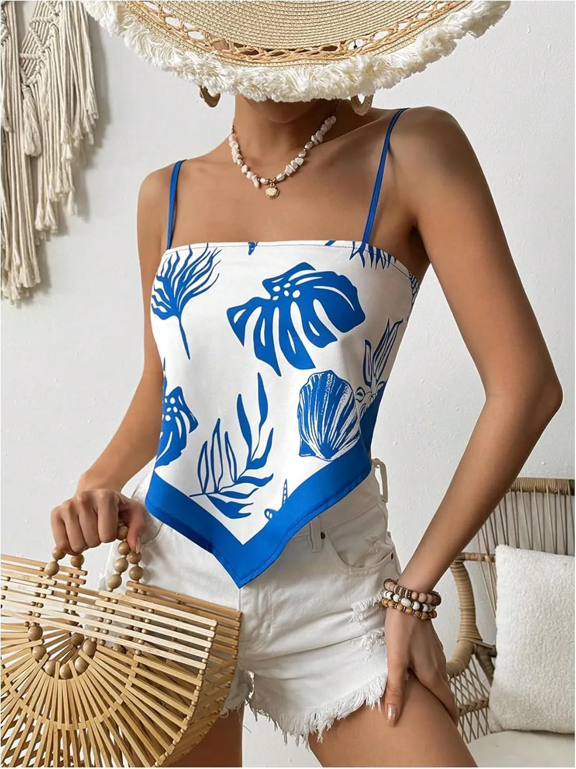 SweatyRocks Women's Tribal Floral Print Backless Camisole Tie Knot Sleeveless Vacation Boho Tops