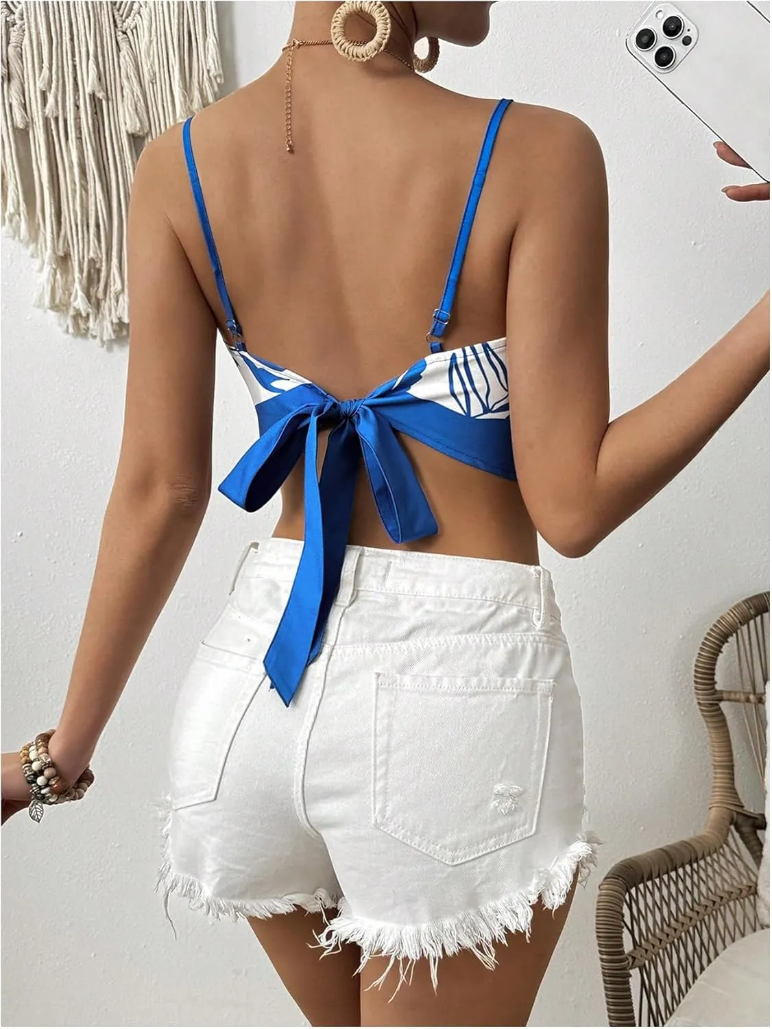 SweatyRocks Women's Tribal Floral Print Backless Camisole Tie Knot Sleeveless Vacation Boho Tops