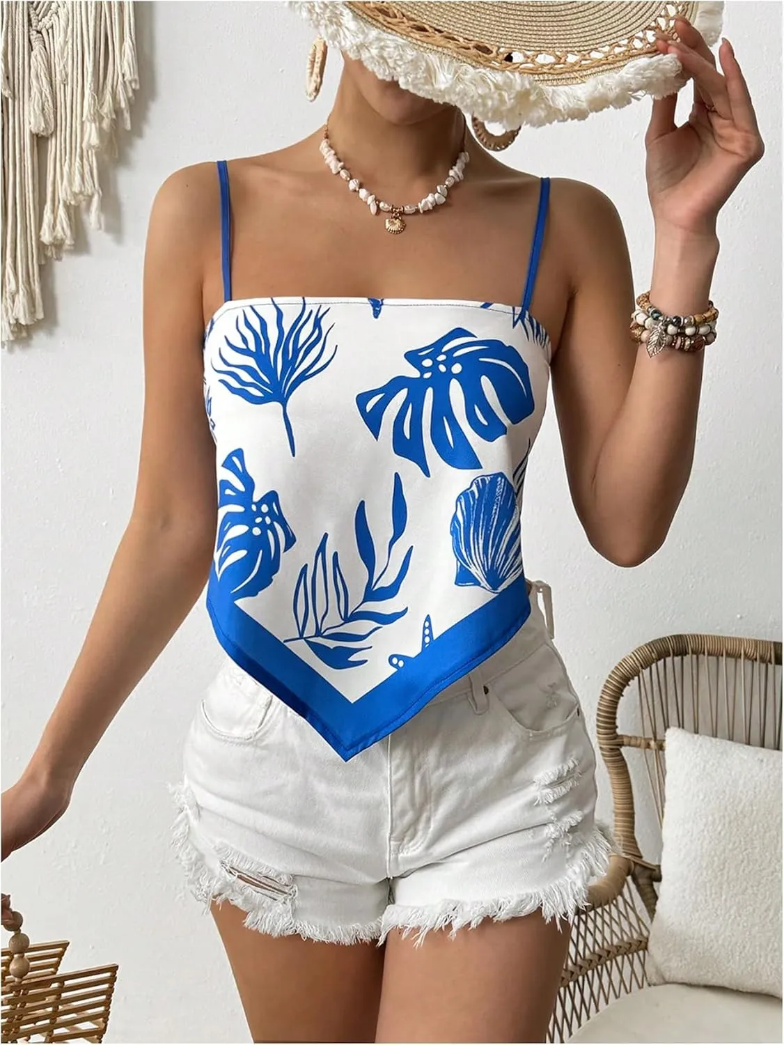 SweatyRocks Women's Tribal Floral Print Backless Camisole Tie Knot Sleeveless Vacation Boho Tops