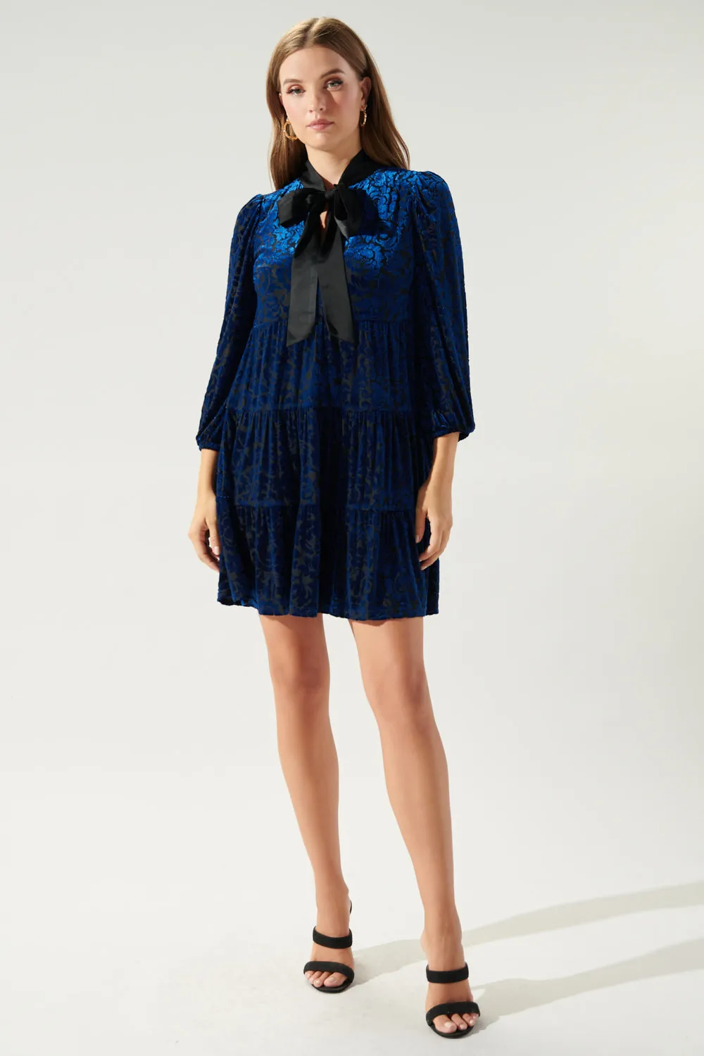 Sweet as a Rose Tie Neck Velvet Tiered Dress