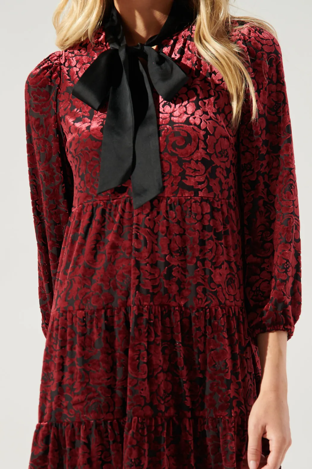 Sweet as a Rose Tie Neck Velvet Tiered Dress