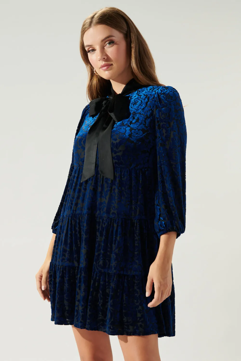 Sweet as a Rose Tie Neck Velvet Tiered Dress