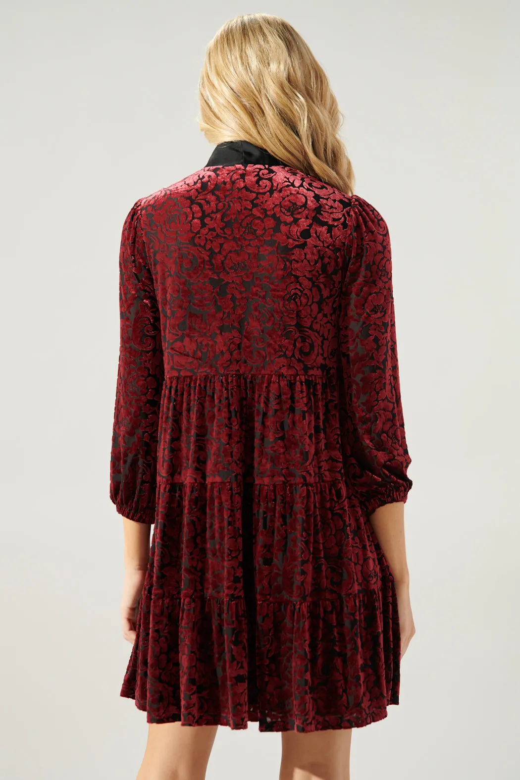 Sweet as a Rose Tie Neck Velvet Tiered Dress