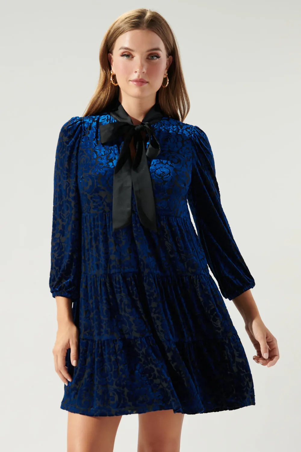 Sweet as a Rose Tie Neck Velvet Tiered Dress
