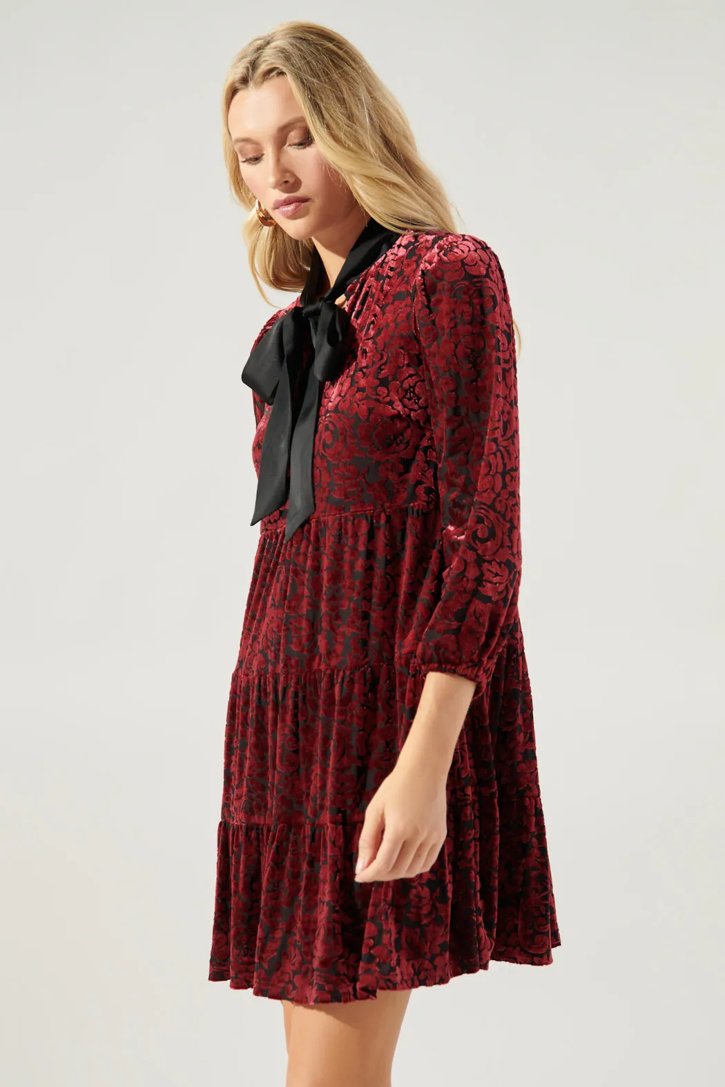Sweet as a Rose Tie Neck Velvet Tiered Dress