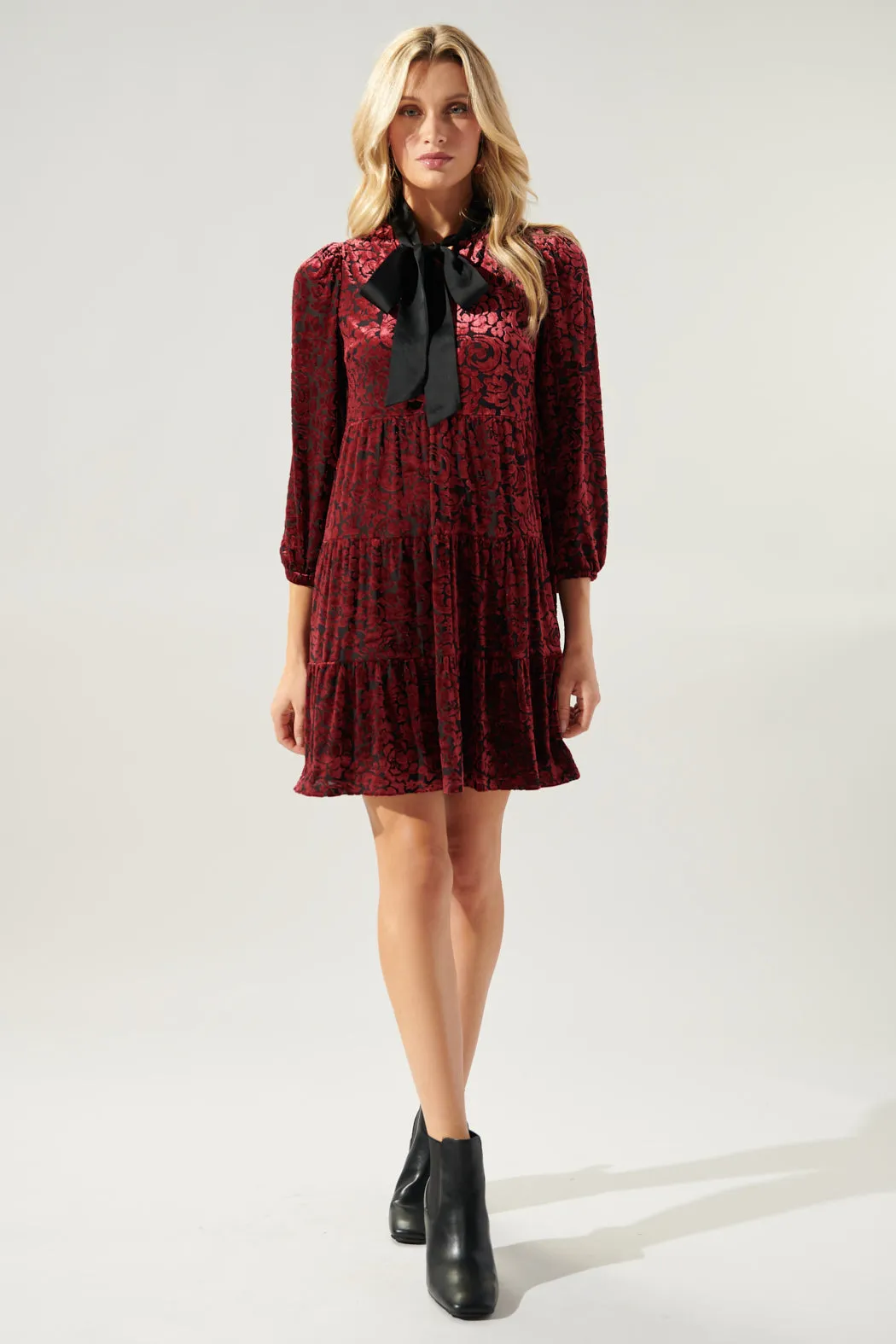 Sweet as a Rose Tie Neck Velvet Tiered Dress