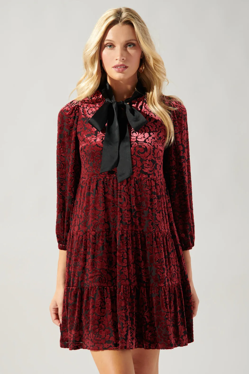 Sweet as a Rose Tie Neck Velvet Tiered Dress
