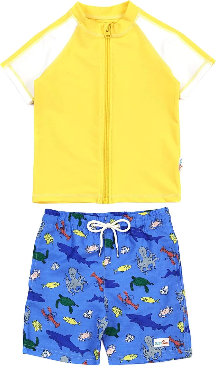 SwimZip Boys' Short Sleeve Rash Guard & Swim Shorts Set - UPF 50  Sun Protection