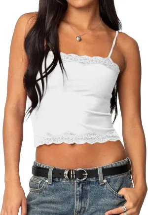 Tank Top for Women Adjustable Spaghetti Strap Camisole Cropped Lace Trim Cami Y2K Going Out Tops Summer