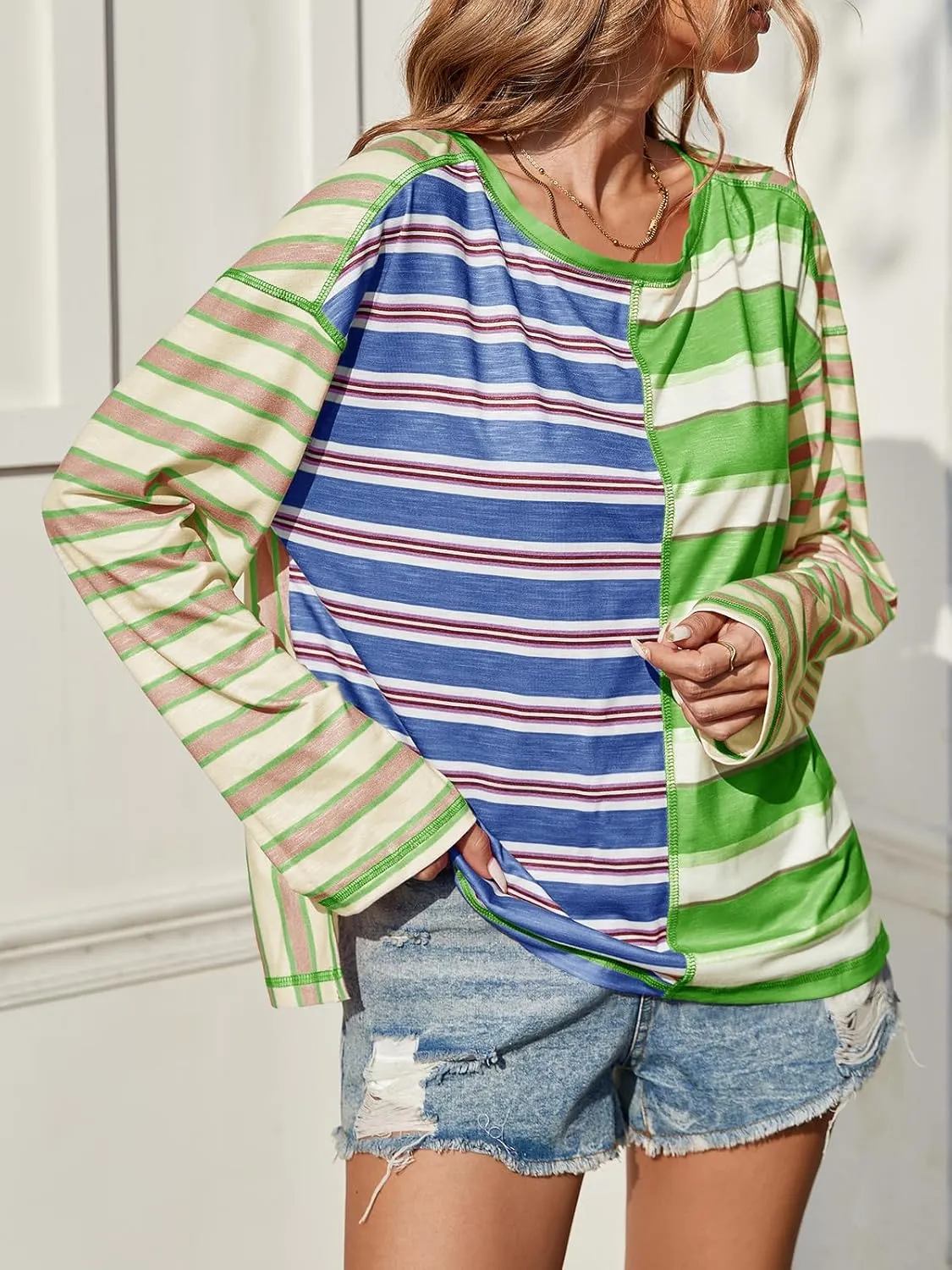 Tankaneo Womens Oversized Striped Shirts Color Block Crew Neck Sweatshirt Casual Loose Fit Long Sleeve Tops