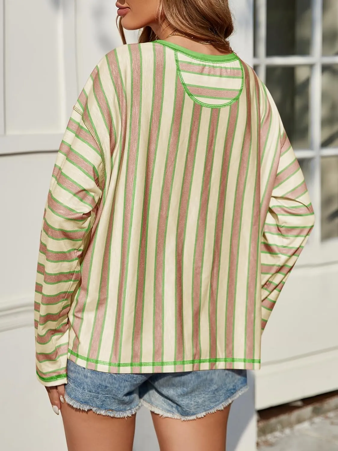 Tankaneo Womens Oversized Striped Shirts Color Block Crew Neck Sweatshirt Casual Loose Fit Long Sleeve Tops