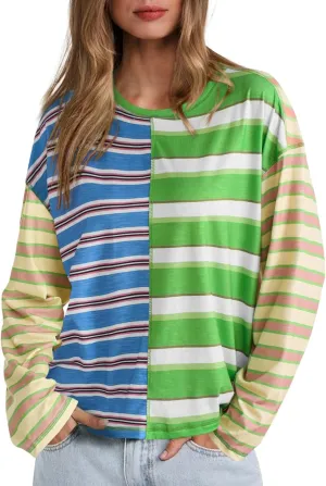 Tankaneo Womens Oversized Striped Shirts Color Block Crew Neck Sweatshirt Casual Loose Fit Long Sleeve Tops