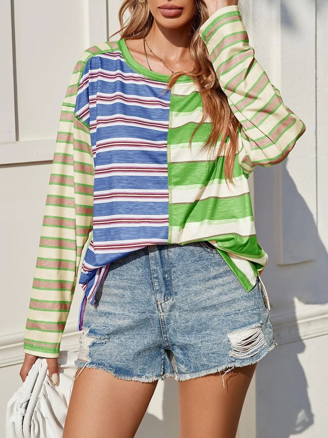Tankaneo Womens Oversized Striped Shirts Color Block Crew Neck Sweatshirt Casual Loose Fit Long Sleeve Tops