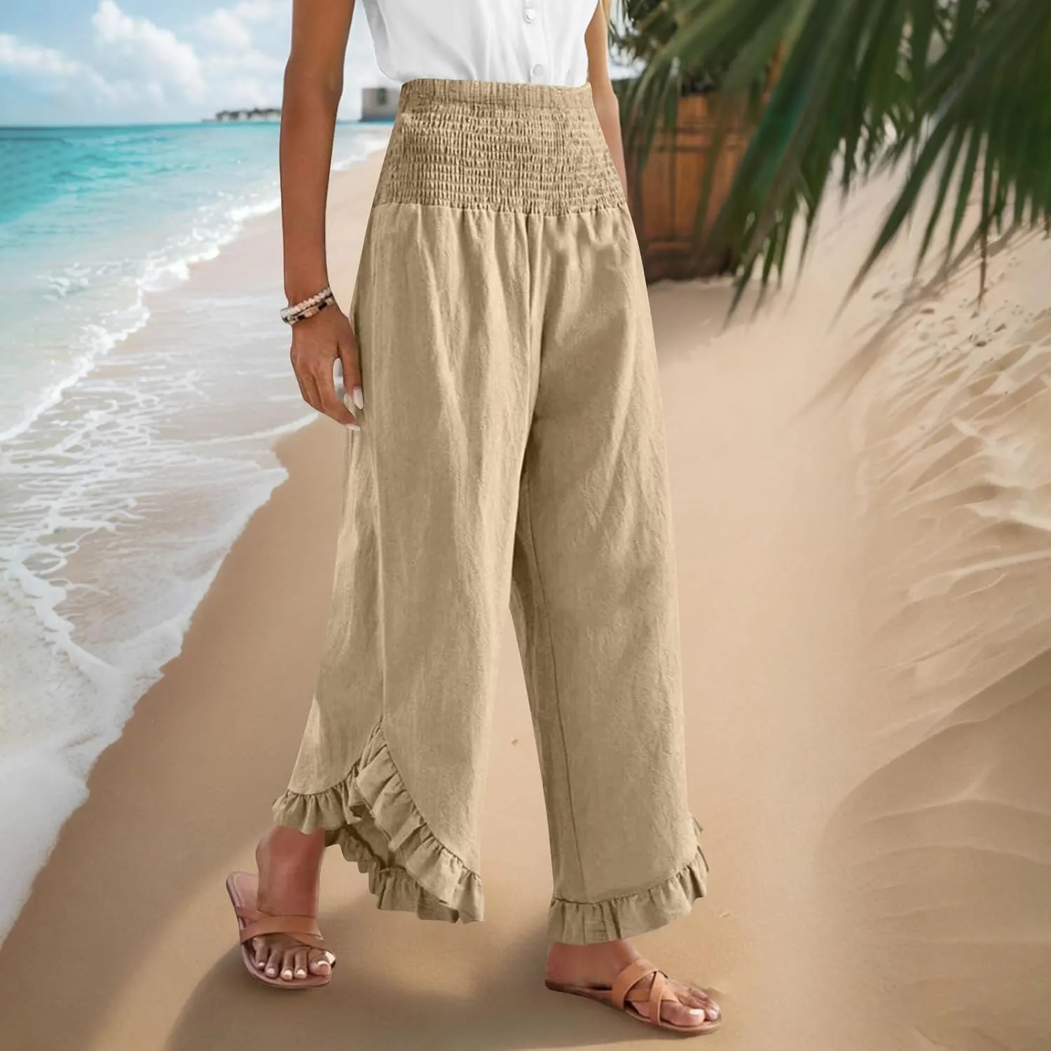 TARIENDY Palazzo Pants for Women Dressy Casual Summer Smocked Waist Trousers Ruffle Hem Wide Leg Boho Flowy Beach Outfits