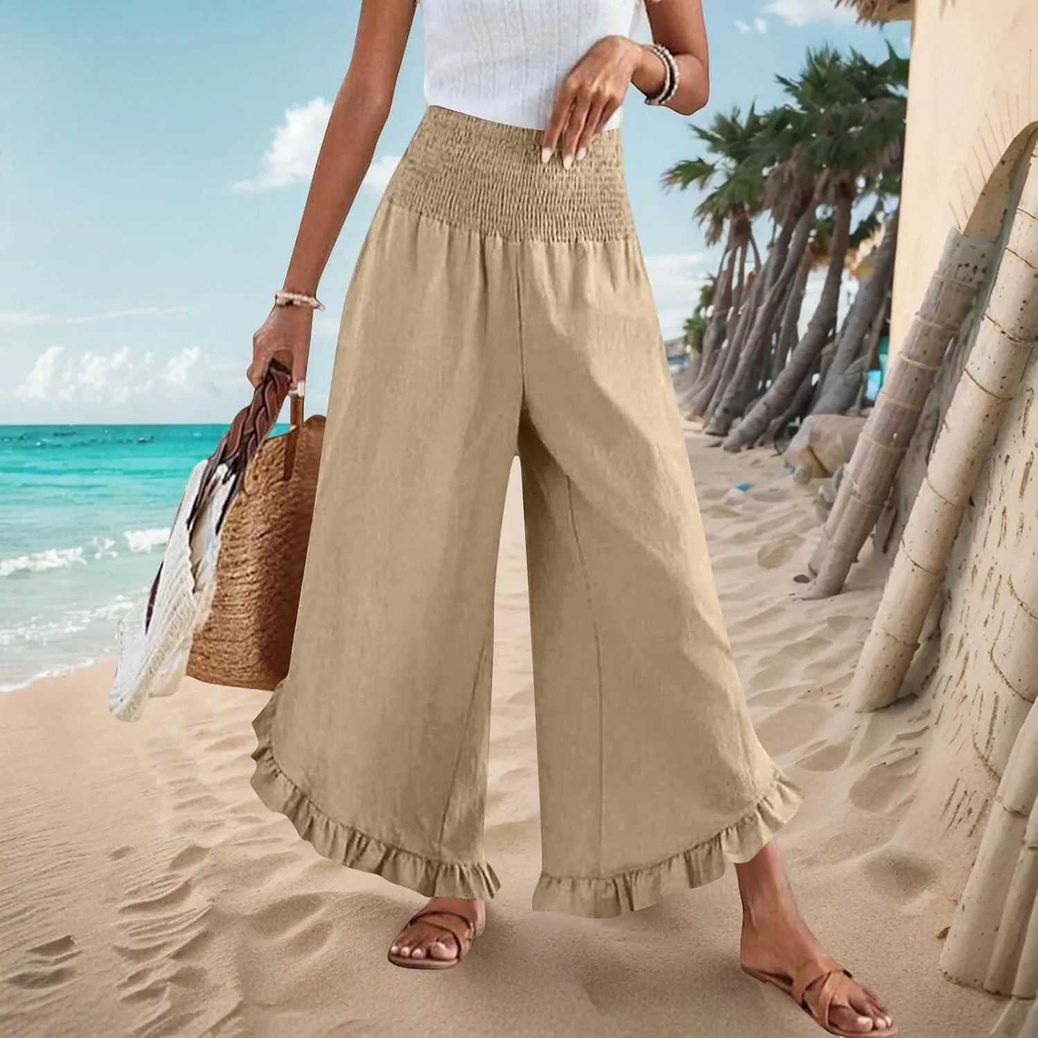 TARIENDY Palazzo Pants for Women Dressy Casual Summer Smocked Waist Trousers Ruffle Hem Wide Leg Boho Flowy Beach Outfits