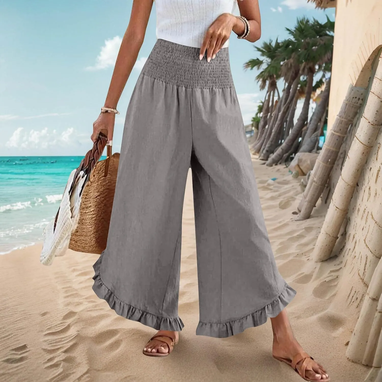 TARIENDY Palazzo Pants for Women Dressy Casual Summer Smocked Waist Trousers Ruffle Hem Wide Leg Boho Flowy Beach Outfits