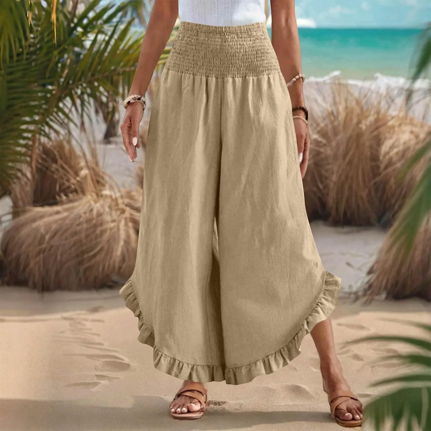 TARIENDY Palazzo Pants for Women Dressy Casual Summer Smocked Waist Trousers Ruffle Hem Wide Leg Boho Flowy Beach Outfits