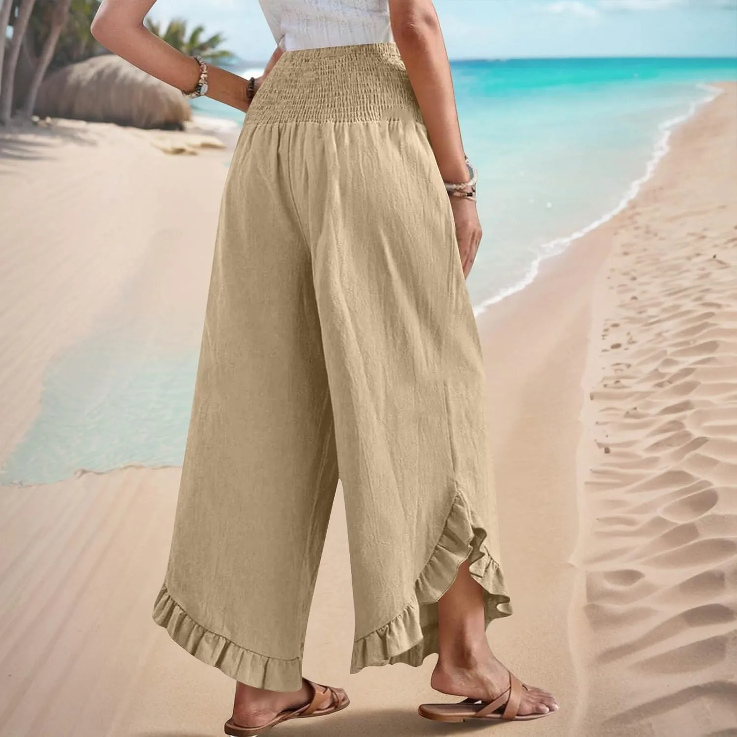 TARIENDY Palazzo Pants for Women Dressy Casual Summer Smocked Waist Trousers Ruffle Hem Wide Leg Boho Flowy Beach Outfits