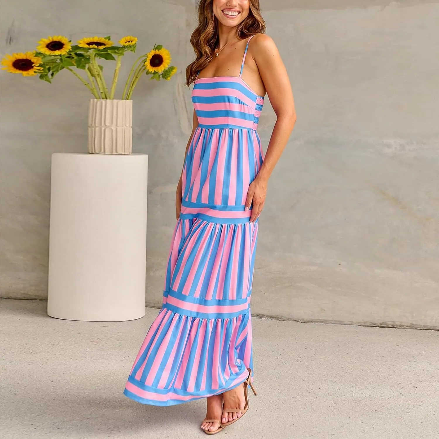 Thopavenoir Women Summer Striped Long Dress Spaghetti Strap Tiered Slip Maxi Dresses Flowy Swing Beach Vocation Sundresses