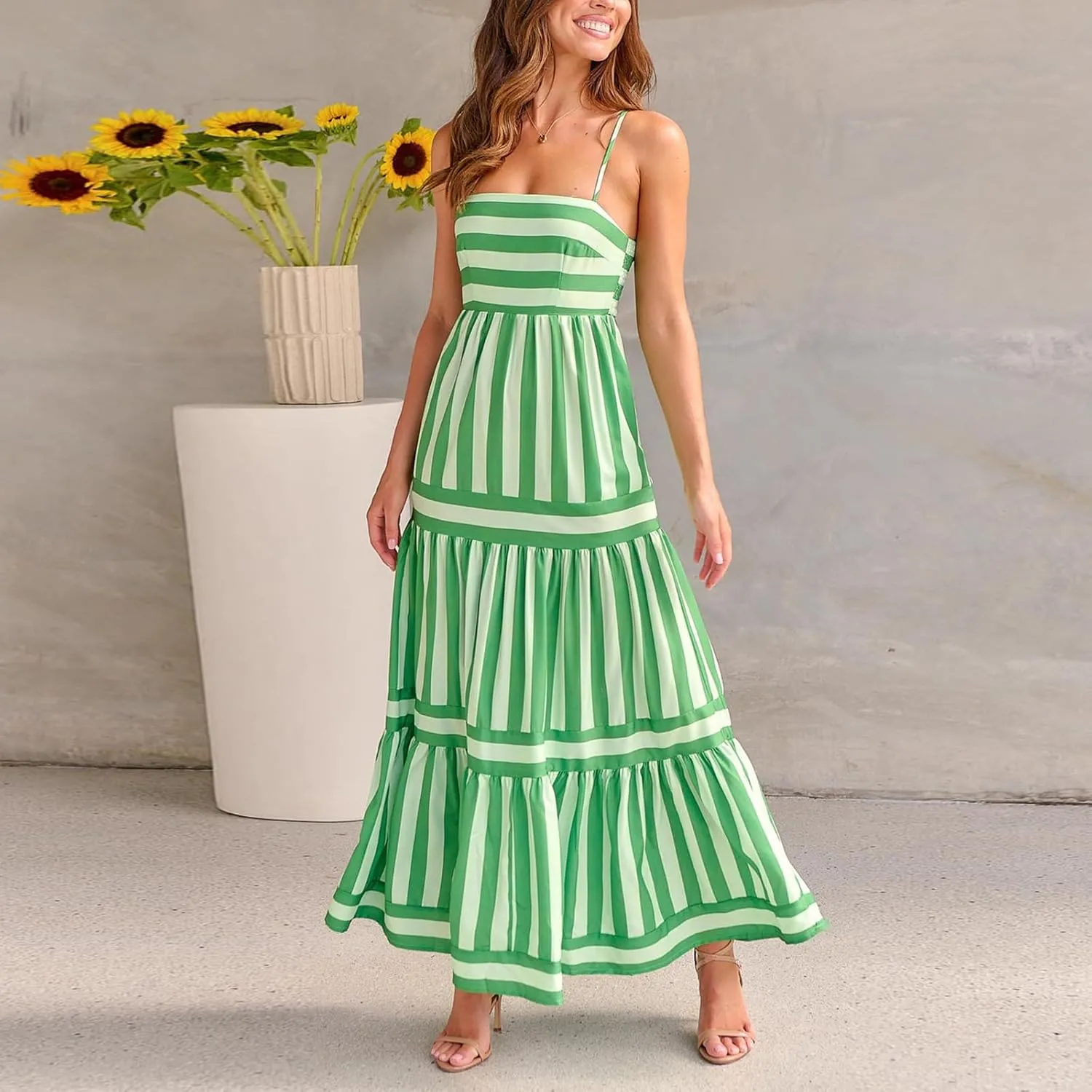Thopavenoir Women Summer Striped Long Dress Spaghetti Strap Tiered Slip Maxi Dresses Flowy Swing Beach Vocation Sundresses