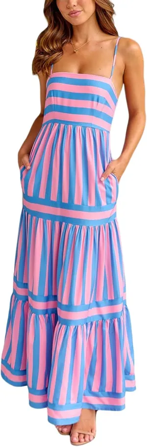 Thopavenoir Women Summer Striped Long Dress Spaghetti Strap Tiered Slip Maxi Dresses Flowy Swing Beach Vocation Sundresses