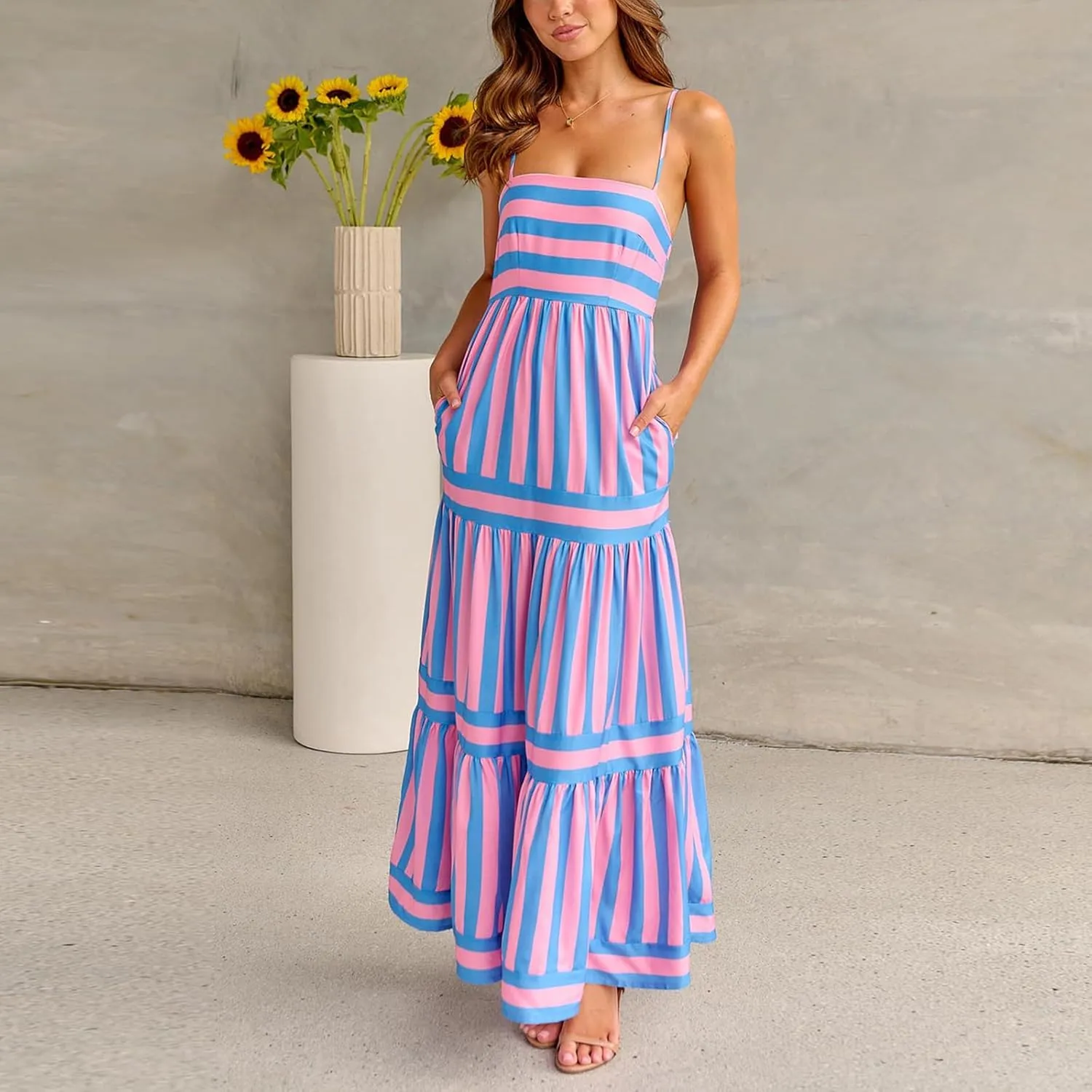Thopavenoir Women Summer Striped Long Dress Spaghetti Strap Tiered Slip Maxi Dresses Flowy Swing Beach Vocation Sundresses