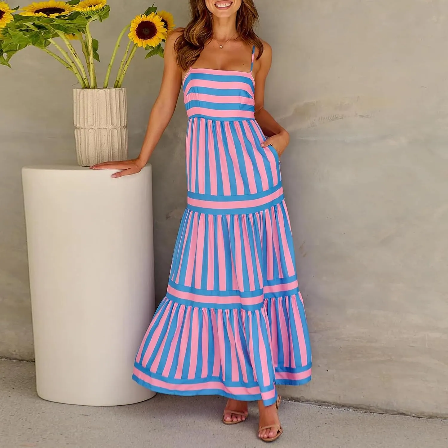 Thopavenoir Women Summer Striped Long Dress Spaghetti Strap Tiered Slip Maxi Dresses Flowy Swing Beach Vocation Sundresses