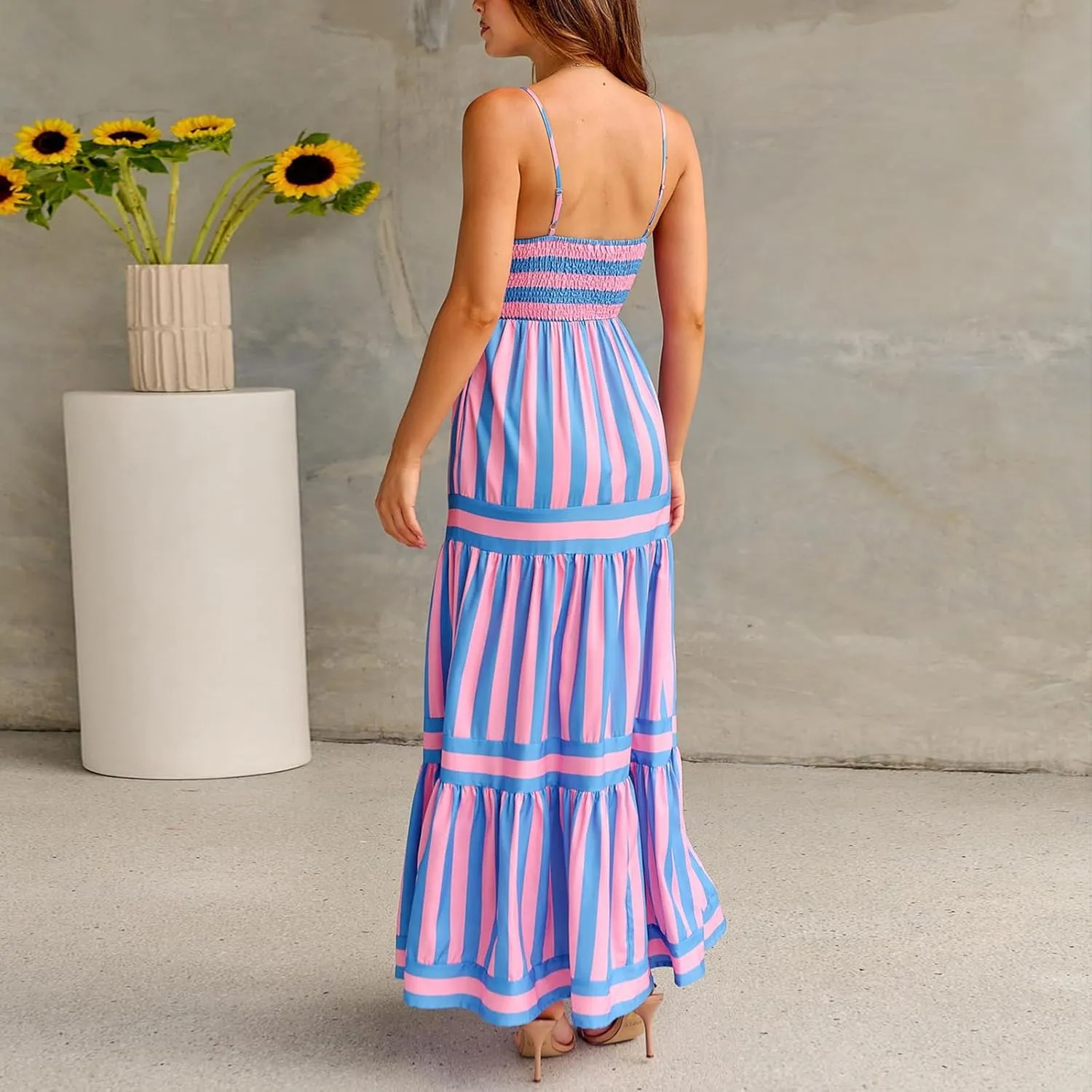 Thopavenoir Women Summer Striped Long Dress Spaghetti Strap Tiered Slip Maxi Dresses Flowy Swing Beach Vocation Sundresses