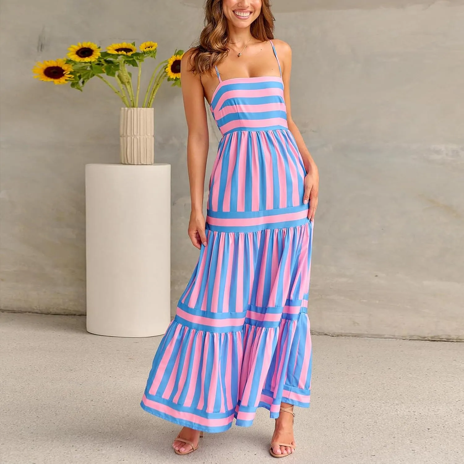 Thopavenoir Women Summer Striped Long Dress Spaghetti Strap Tiered Slip Maxi Dresses Flowy Swing Beach Vocation Sundresses