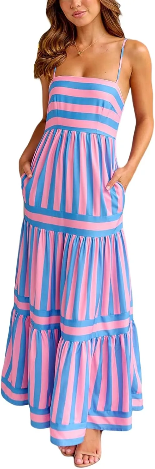 Thopavenoir Women Summer Striped Long Dress Spaghetti Strap Tiered Slip Maxi Dresses Flowy Swing Beach Vocation Sundresses