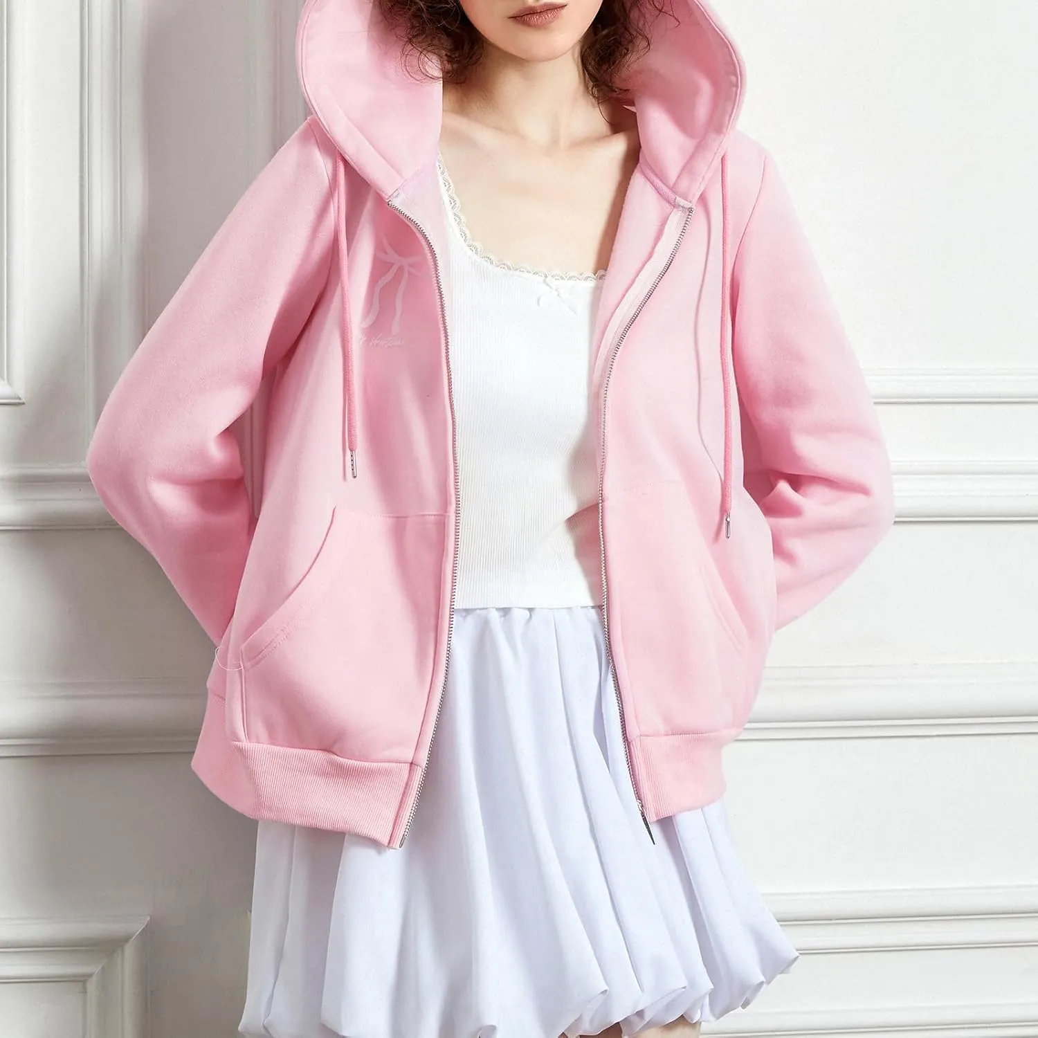 Thopavenoir Women Y2k Zip Up Hoodies Bow Knot Print Oversized Hooded Sweatshirt Vintage Aesthetic Teen Girls Jacket Coat