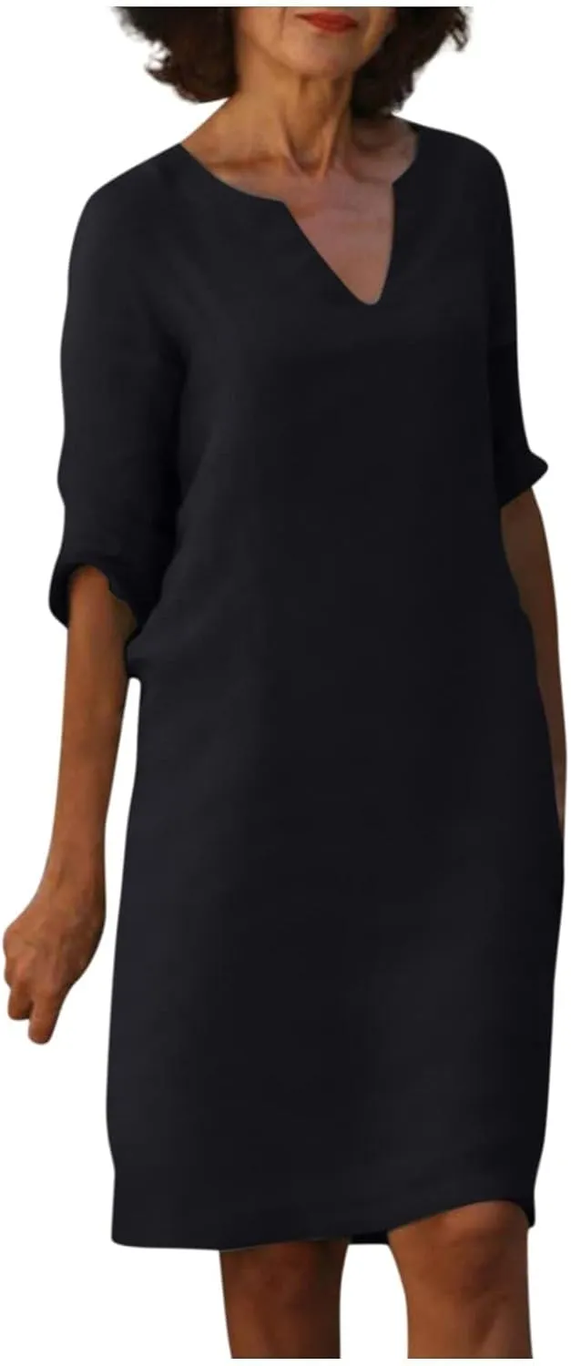 TIAFORD Women Casual Cotton Linen Midi Dress Summer V Neck Half Sleeve Beach Flowy Loose Solid Tunic Dress 2025