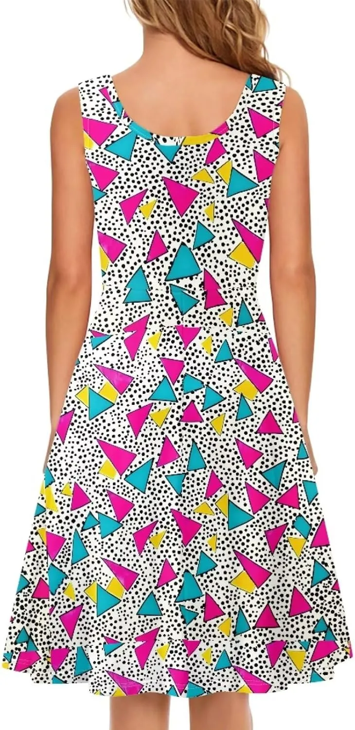 TOADDITDO Summer Sleeveless Tank Dresses Casual Floral Round Neck A-Line Tunic Dress Beach Party Mini Sundress with Pockets
