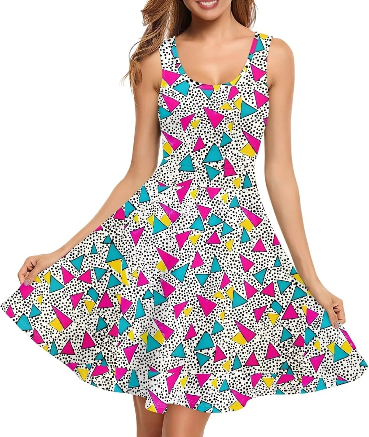TOADDITDO Summer Sleeveless Tank Dresses Casual Floral Round Neck A-Line Tunic Dress Beach Party Mini Sundress with Pockets