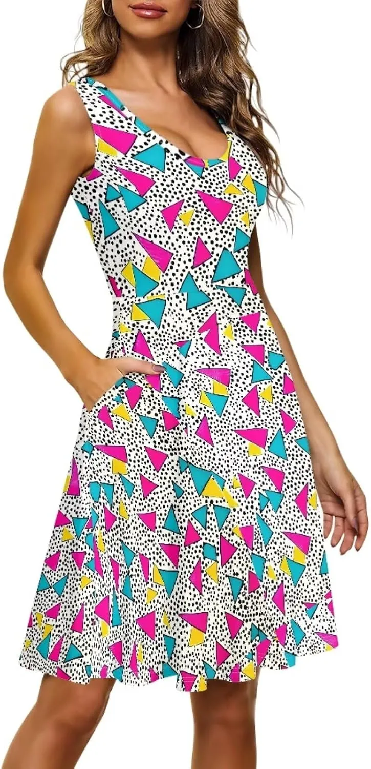 TOADDITDO Summer Sleeveless Tank Dresses Casual Floral Round Neck A-Line Tunic Dress Beach Party Mini Sundress with Pockets