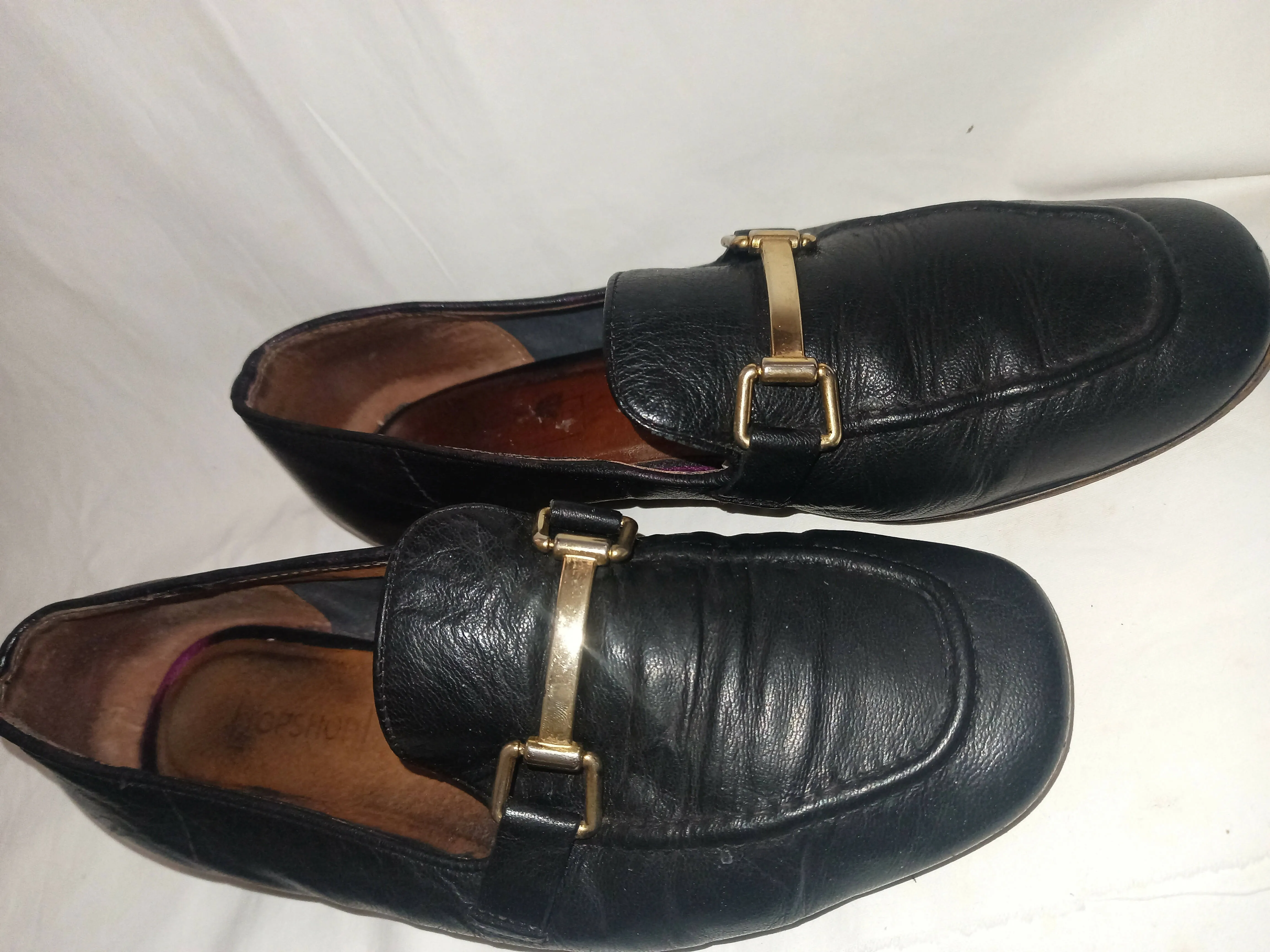 Topshop Black Leather Loafers With Gold Detail