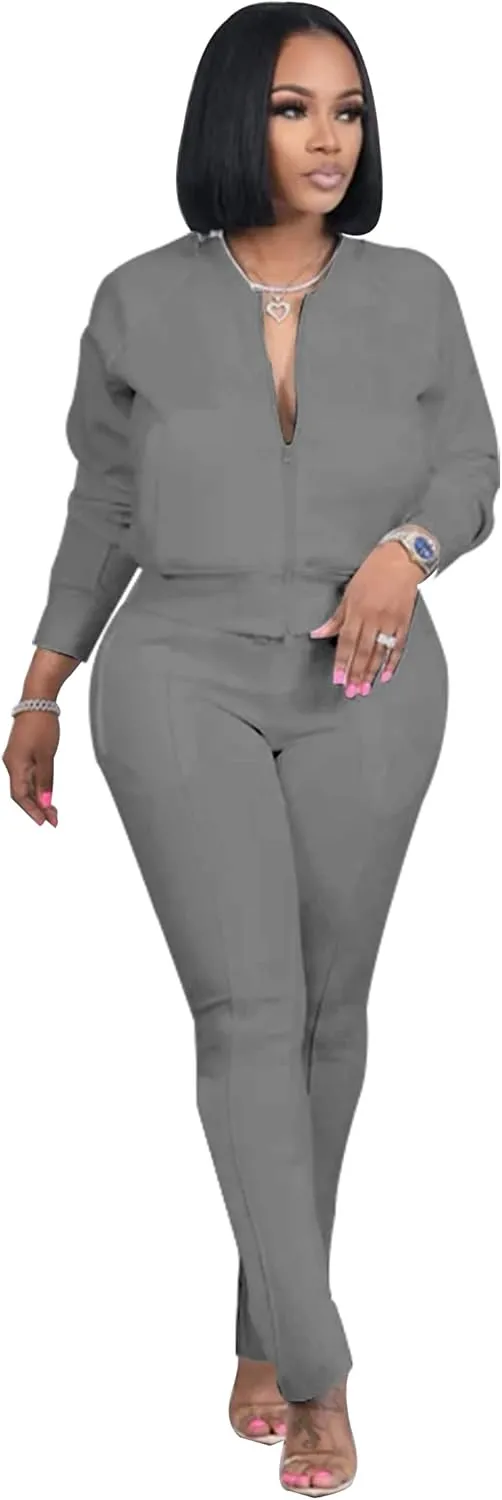 TOPSRANI Women Two Piece Outfits Casual Sweatsuits Bodycon Tracksuit Solid Sweat Suit Zip Crop Jacket Matching Pants Set