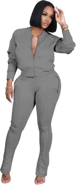 TOPSRANI Women Two Piece Outfits Casual Sweatsuits Bodycon Tracksuit Solid Sweat Suit Zip Crop Jacket Matching Pants Set