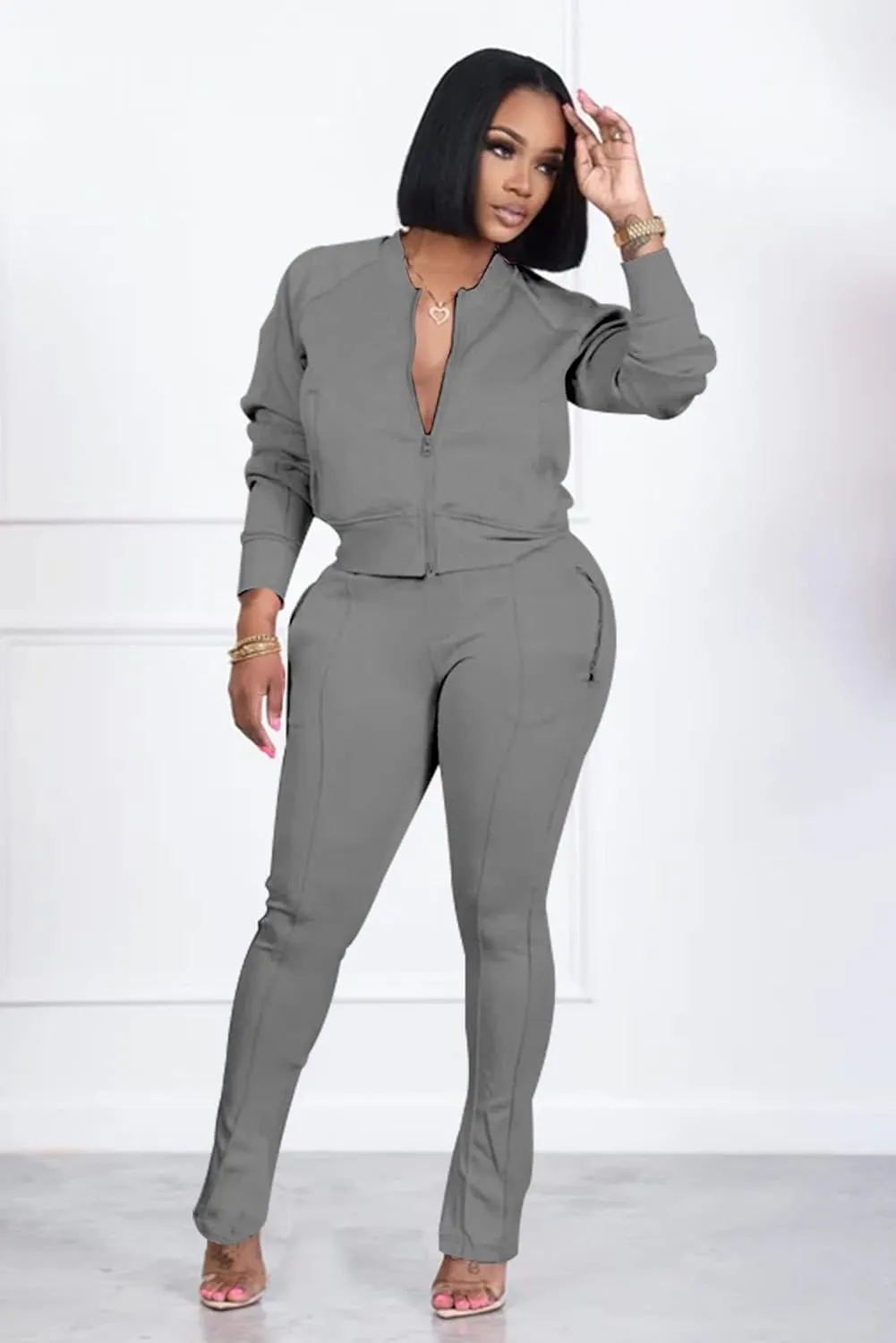 TOPSRANI Women Two Piece Outfits Casual Sweatsuits Bodycon Tracksuit Solid Sweat Suit Zip Crop Jacket Matching Pants Set