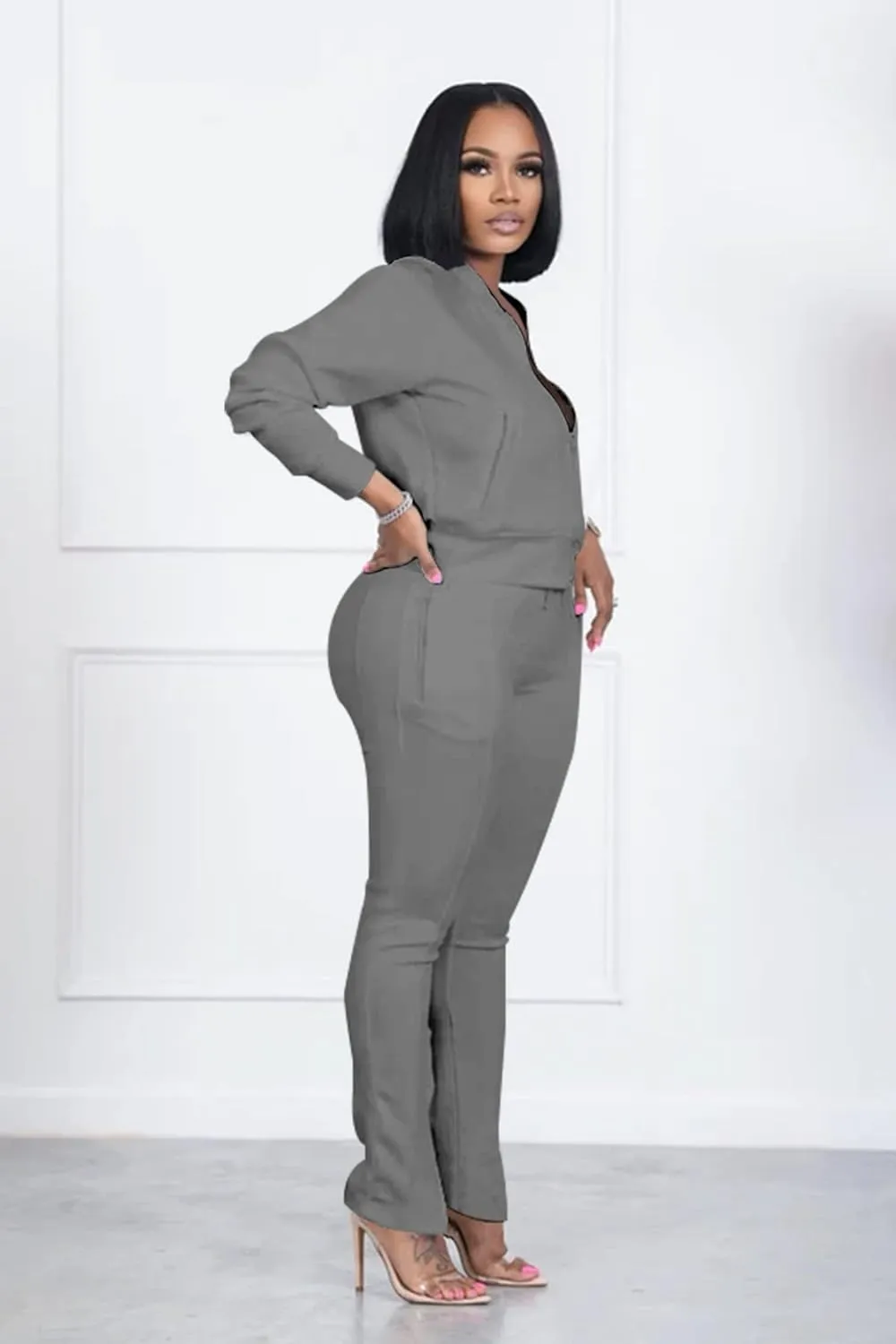 TOPSRANI Women Two Piece Outfits Casual Sweatsuits Bodycon Tracksuit Solid Sweat Suit Zip Crop Jacket Matching Pants Set