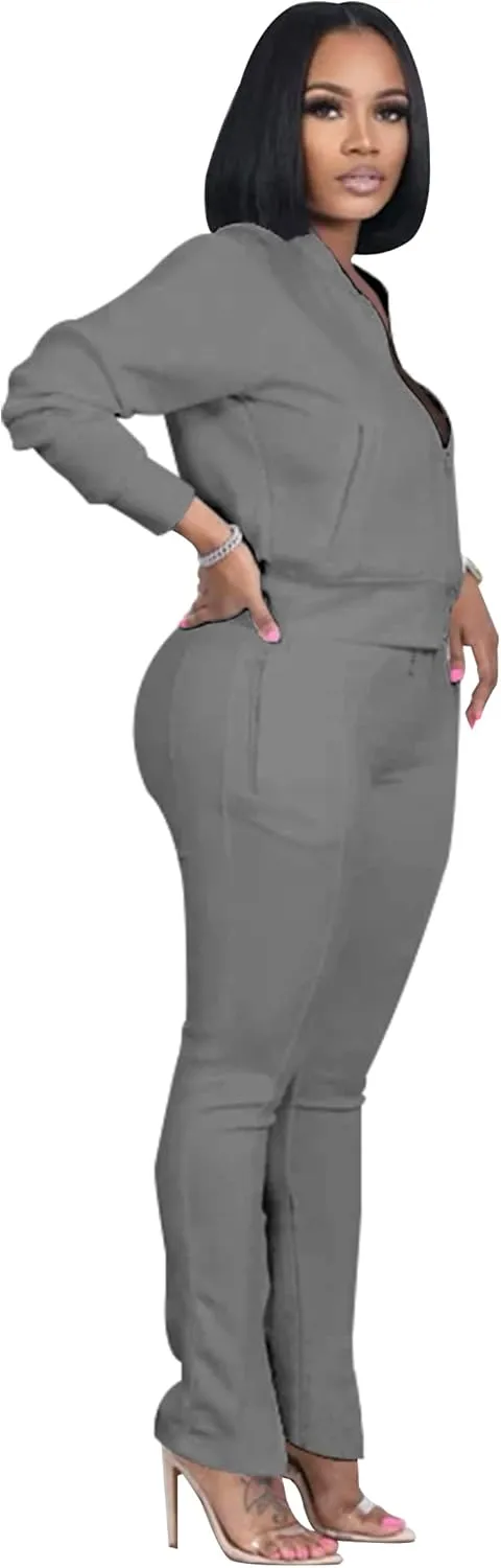 TOPSRANI Women Two Piece Outfits Casual Sweatsuits Bodycon Tracksuit Solid Sweat Suit Zip Crop Jacket Matching Pants Set