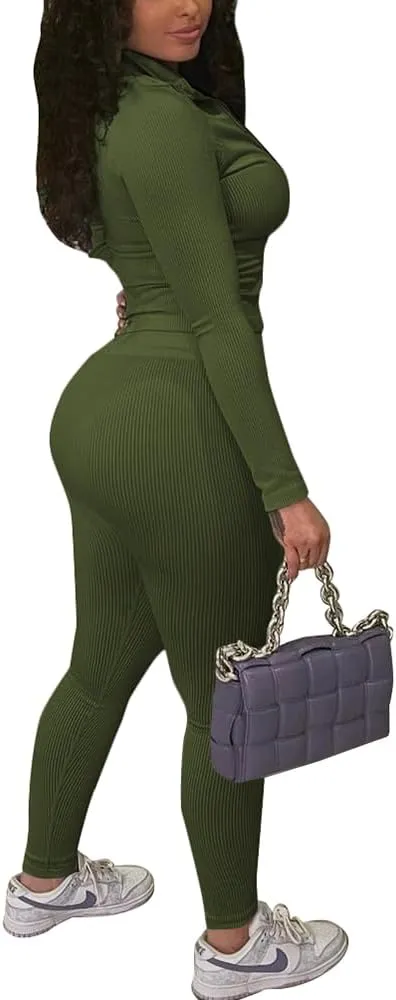 TOPSRANI Womens Two Piece Outfits Bodycon Tracksuit Striped Sweatsuits Ribbed Solid Jogger Workout Lounge Long Pant Sets
