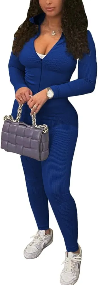 TOPSRANI Womens Two Piece Outfits Bodycon Tracksuit Striped Sweatsuits Ribbed Solid Jogger Workout Lounge Long Pant Sets