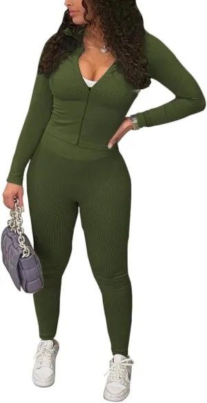 TOPSRANI Womens Two Piece Outfits Bodycon Tracksuit Striped Sweatsuits Ribbed Solid Jogger Workout Lounge Long Pant Sets
